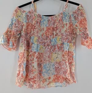 Cato Floral Paisley Cold Shoulder Smocked Blouse Top Large Boho Festival Peasant